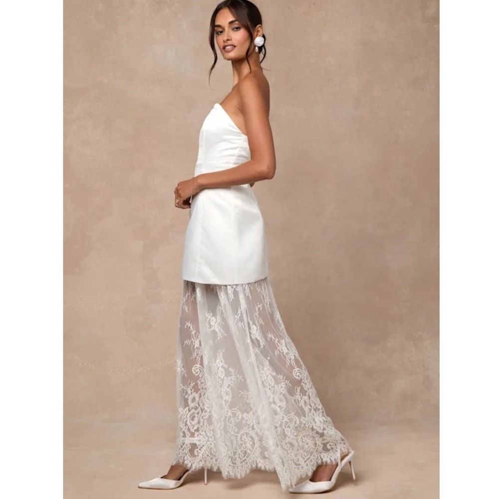 Lulus Winslet White Satin Sheer Hem Strapless Maxi Dress Open Back NWT XL - Picture 4 of 11